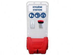 Hygiëne station met zeepdispenser en mondkapjes